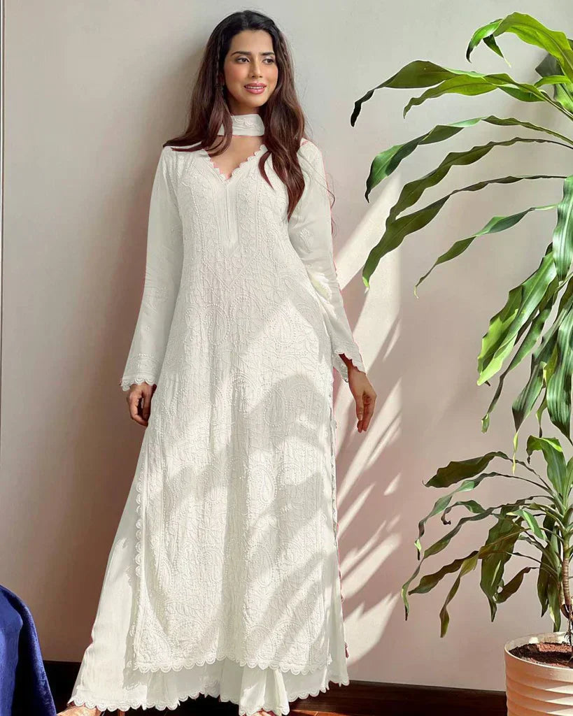 New Viscose Georgette Chikankari Kurta With Palazzo And Dupatta (WHITE)