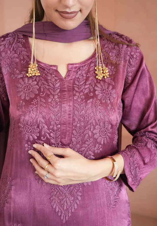 Gulnaar chinon chikankari 3 pc set in Wine