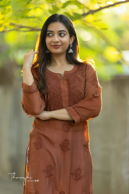 Brown Chikankari Chanderi Kurta Pent (Brown )