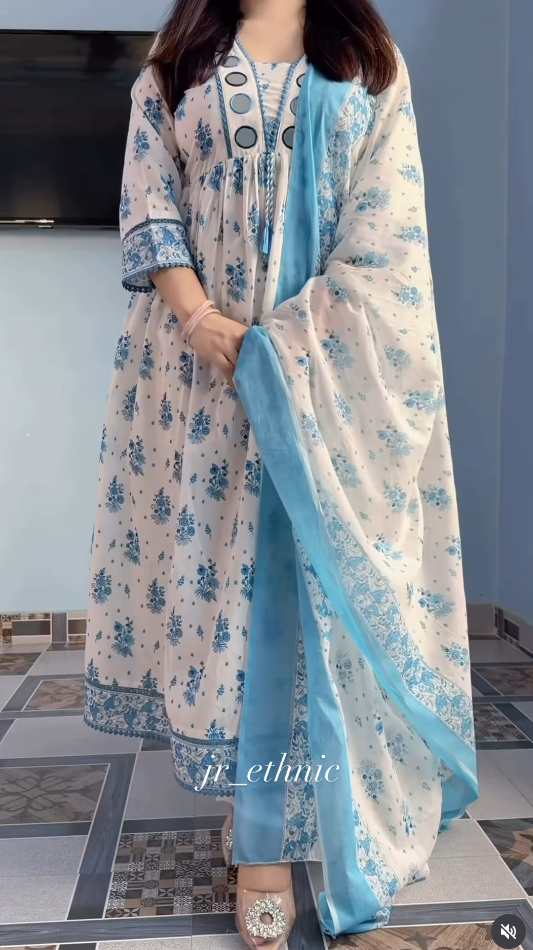 Sky Bloom Floral Anarkali Gown Set