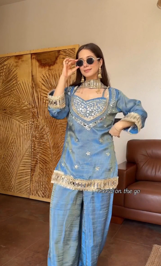 Sky Blue Hand-Embroidered Kurta Palazzo Set with Dupatta