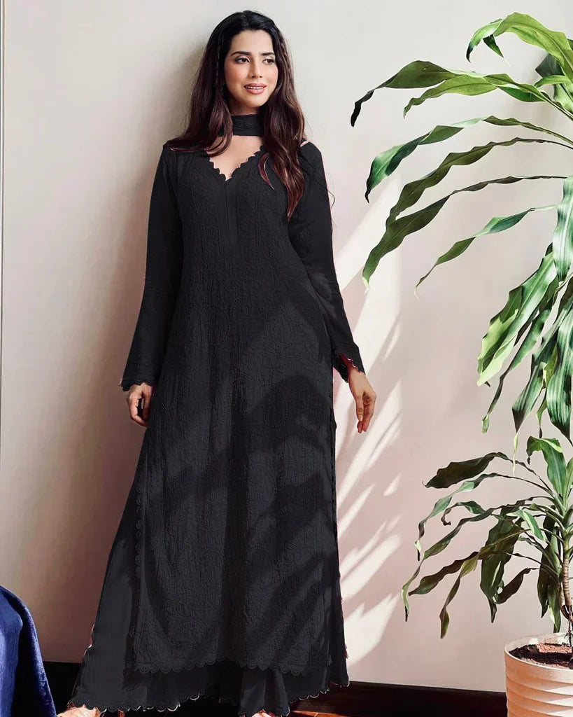 New Viscose Georgette Chikankari Kurta With Palazzo And Dupatta (Black)