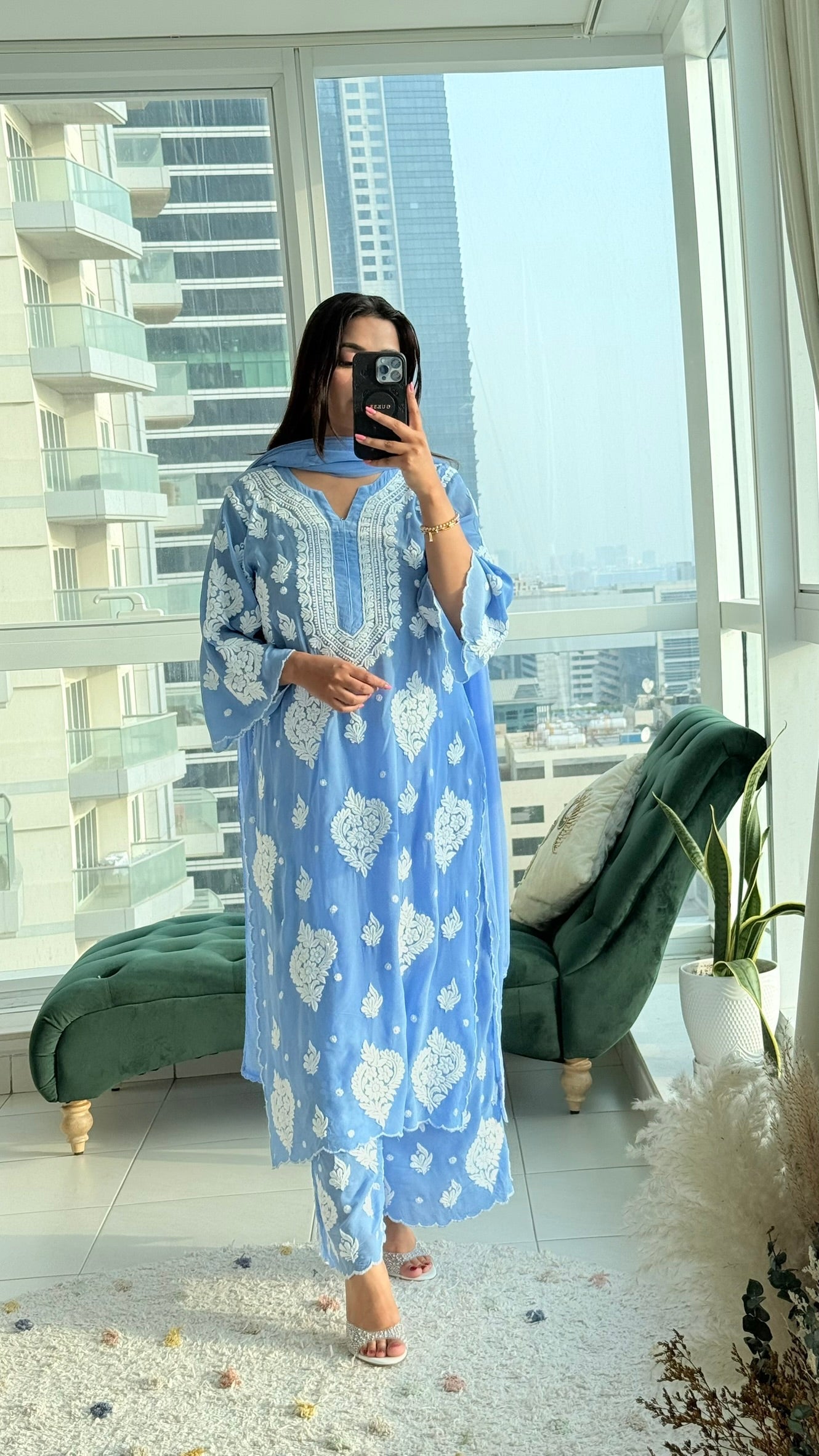 muslin Fabric scalloped Rose Crepe set ( Blue)