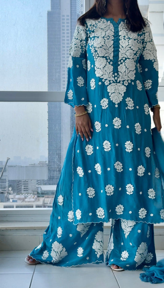 Dark Blue Chikankari Muslin Cord Set (Dark Blue)
