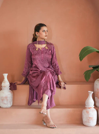 Gulnaar chinon chikankari 3 pc set in Wine