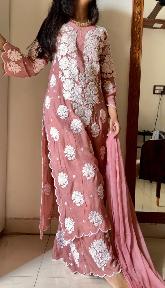 Alia Pure muslin Chikankari Suit set (Peach)