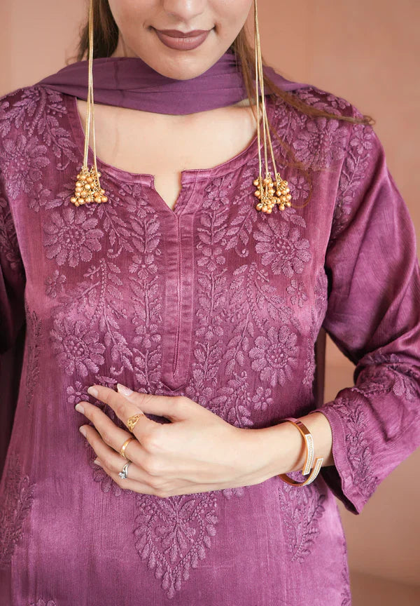 Gulnaar chinon chikankari 3 pc set in Wine