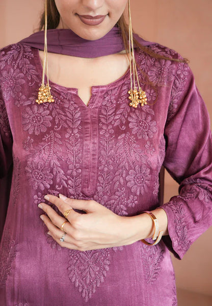Gulnaar chinon chikankari 3 pc set in Wine