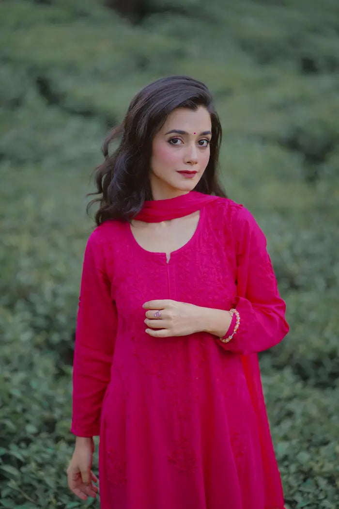 Zeenat Fuchsia Rayon Lucknowi Chikankari Set (Rani Pink)