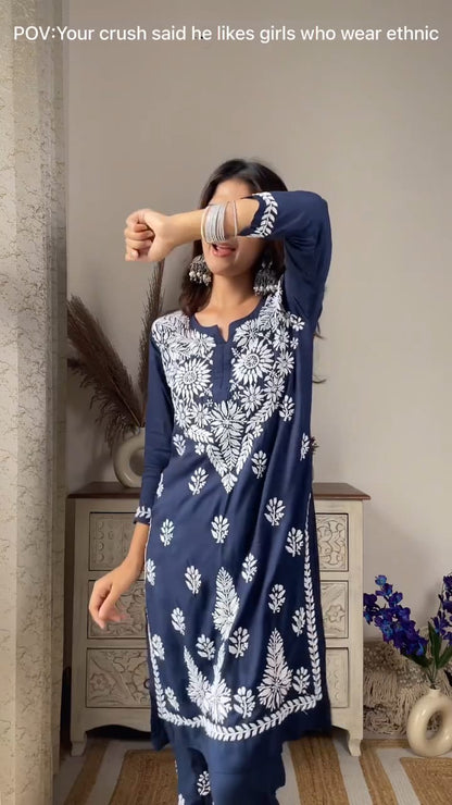 LUCKNOW CHIKANKARI EXCLUSIVE KURTI_PAIR PENT DESIGN (Dark Blue)