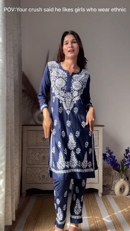 LUCKNOW CHIKANKARI EXCLUSIVE KURTI_PAIR PENT DESIGN (Dark Blue)