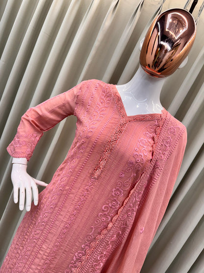 RUNNING WEAR TRENDING FAUX GEORGETTE TOP COTTON THREAD EMBROIDERED WORK AND WORK PLAZO WITH DUPATTA (Peach)