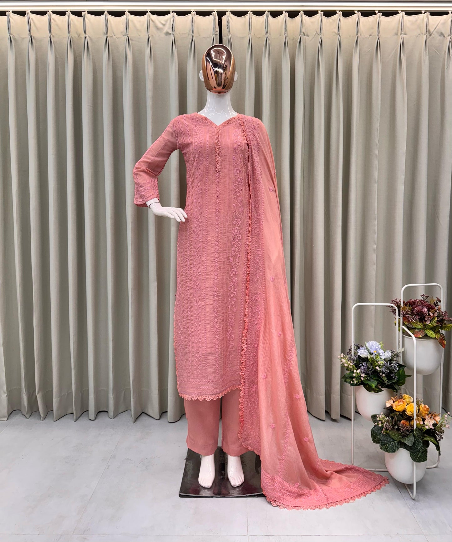 RUNNING WEAR TRENDING FAUX GEORGETTE TOP COTTON THREAD EMBROIDERED WORK AND WORK PLAZO WITH DUPATTA (Peach)