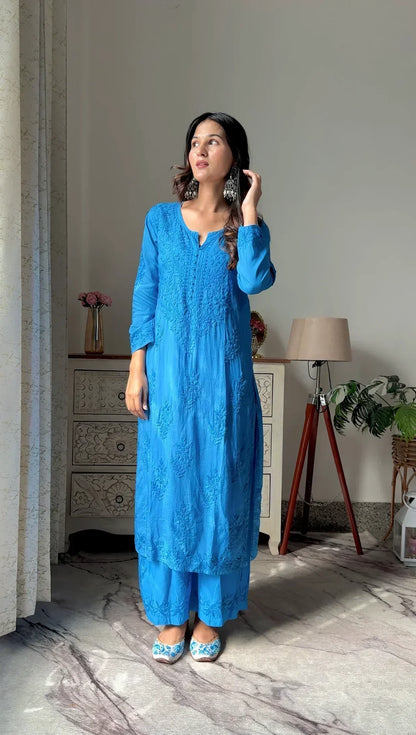 Lucknow Chikankari Handwork Embroidered Kurta Plazzo ( Blue)