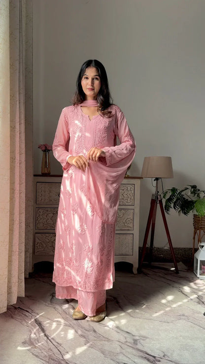 Lucknow Chikankari Handwork Embroidered Kurta Plazzo (Peach)