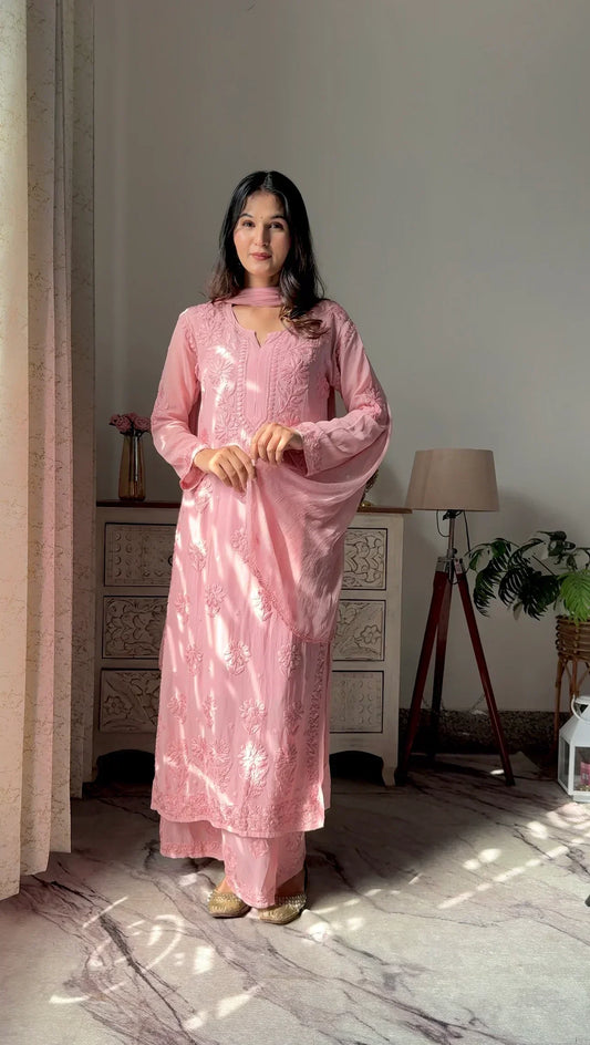 Lucknow Chikankari Handwork Embroidered Kurta Plazzo (Peach)