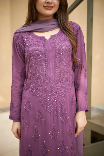 Viscose Georgette Straight Kurta Set With 3D Hand Work(Purple)