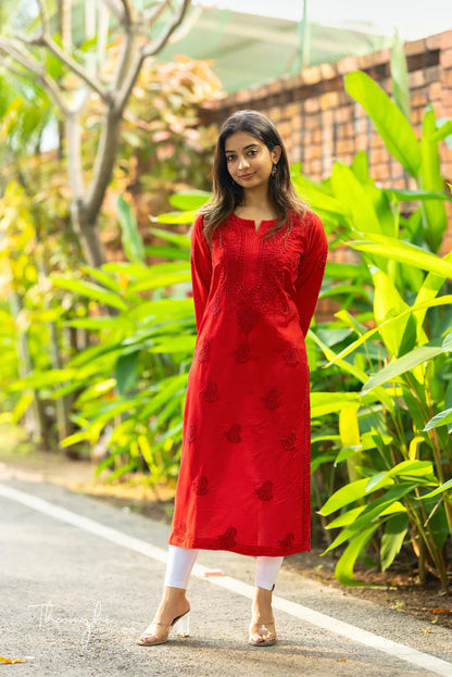 Red Chikankari Chanderi Kurta Pent Pair (Red )