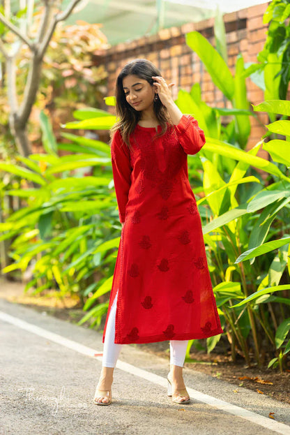 Red Chikankari Chanderi Kurta Pent Pair (Red )