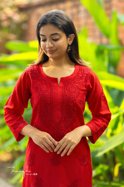 Red Chikankari Chanderi Kurta Pent Pair (Red )