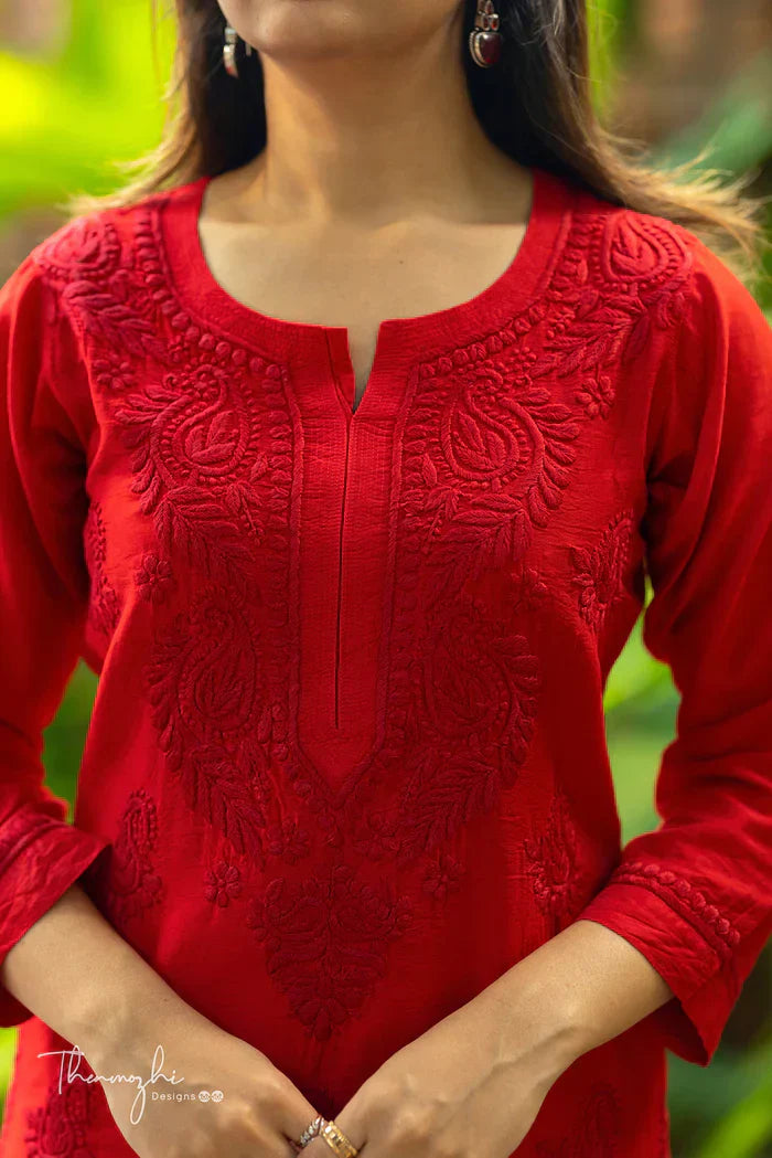 Red Chikankari Chanderi Kurta Pent Pair (Red )