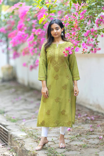 Olive Green Chikankari mul cotton Kurta Pent (Olive Green)