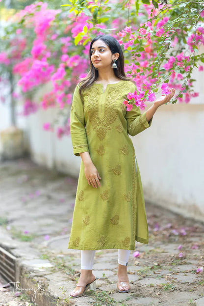 Olive Green Chikankari mul cotton Kurta Pent (Olive Green)