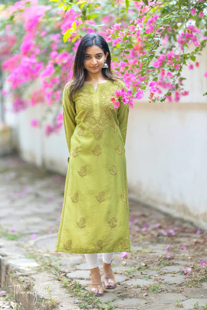 Olive Green Chikankari mul cotton Kurta Pent (Olive Green)