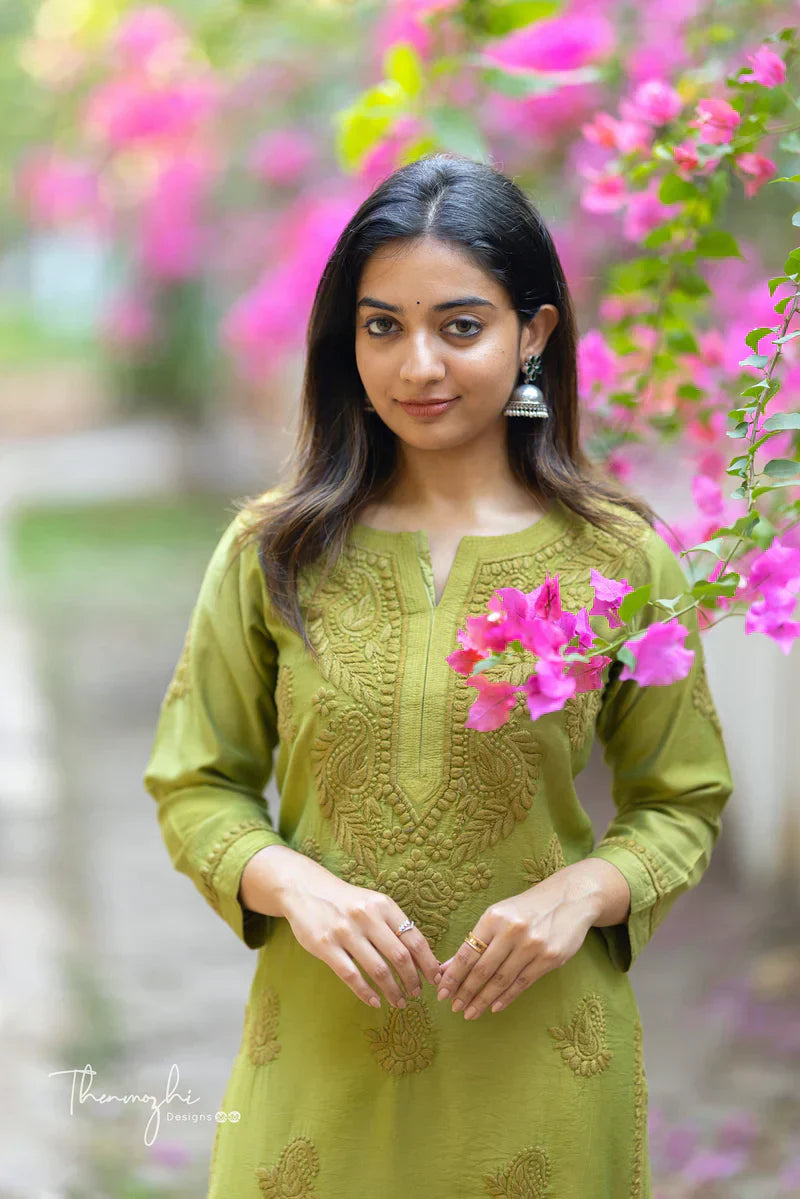 Olive Green Chikankari mul cotton Kurta Pent (Olive Green)