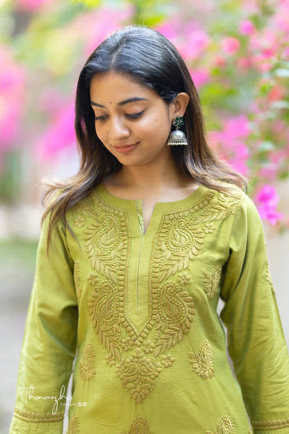 Olive Green Chikankari mul cotton Kurta Pent (Olive Green)
