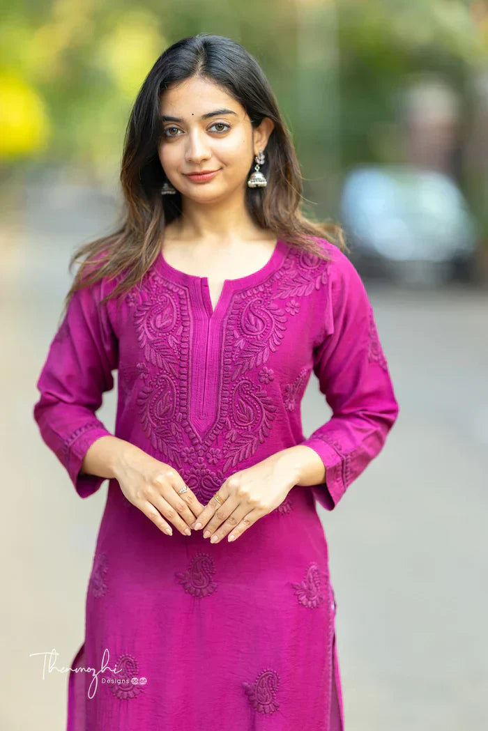 Magenta Chikankari Chanderi Kurta Pent( Magenta)