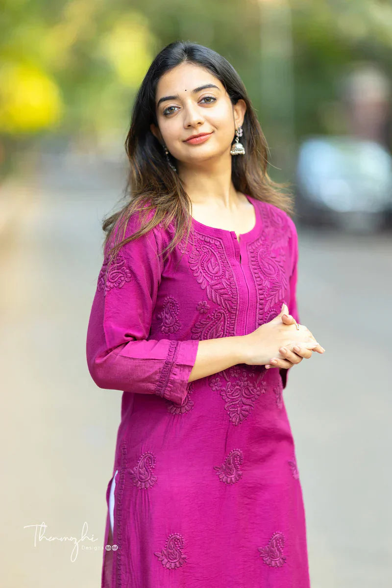Magenta Chikankari Chanderi Kurta Pent( Magenta)