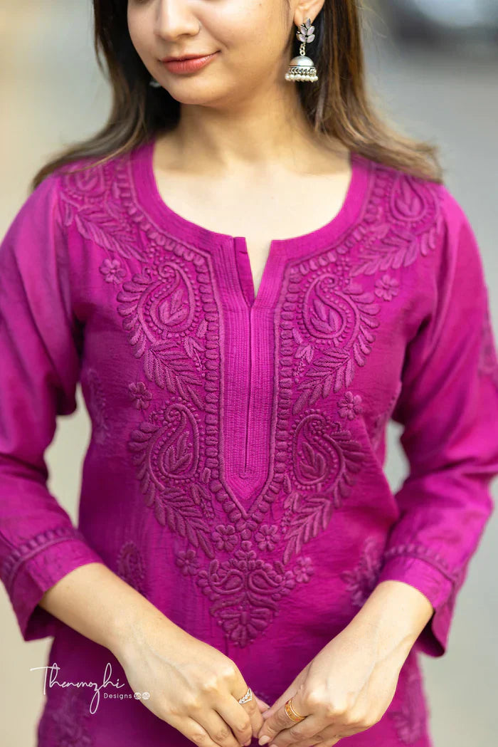 Magenta Chikankari Chanderi Kurta Pent( Magenta)