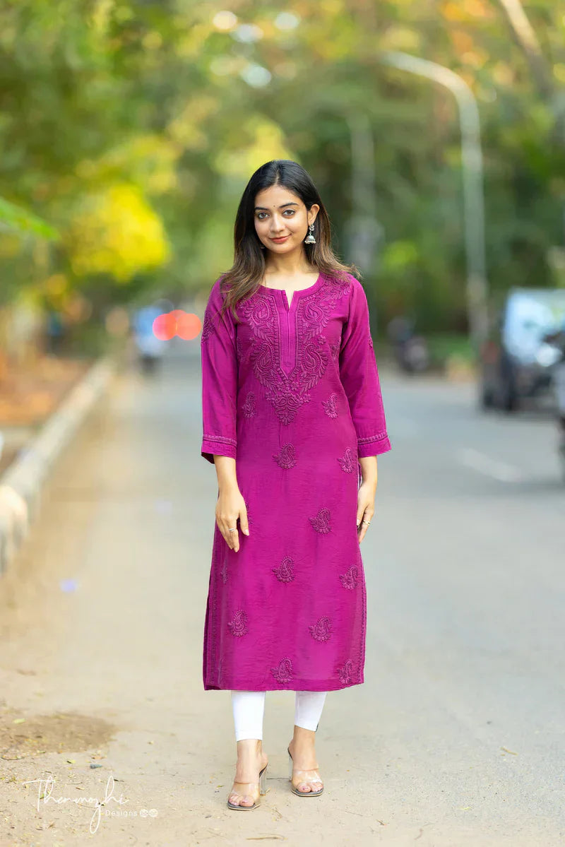 Magenta Chikankari Chanderi Kurta Pent( Magenta)