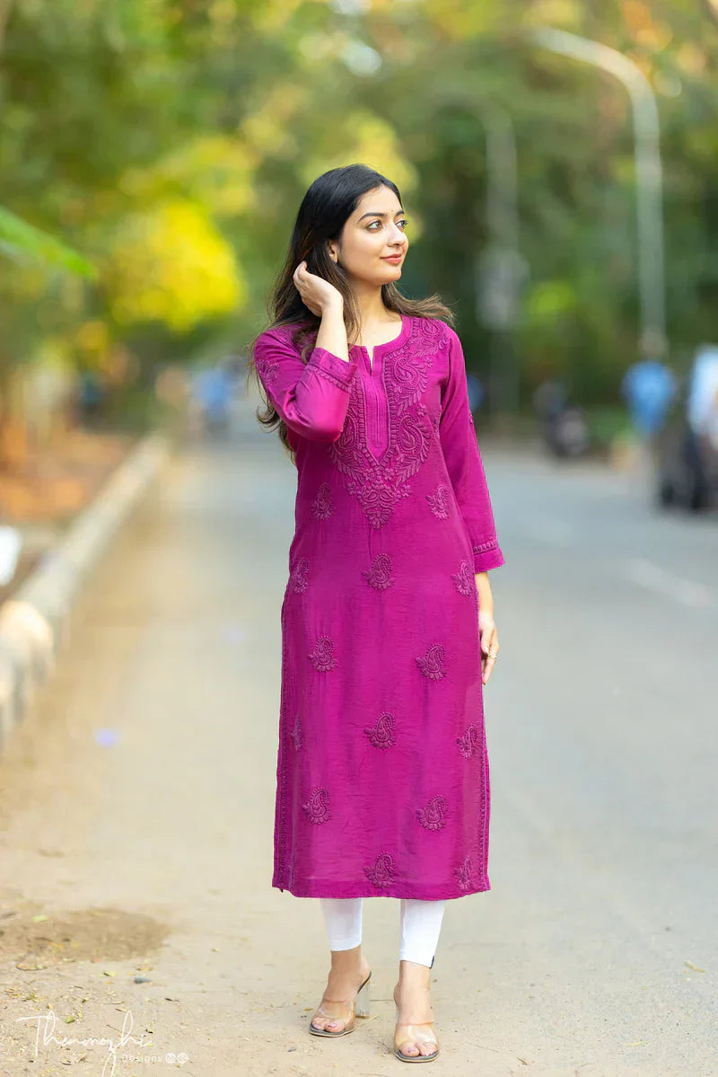 Magenta Chikankari Chanderi Kurta Pent( Magenta)