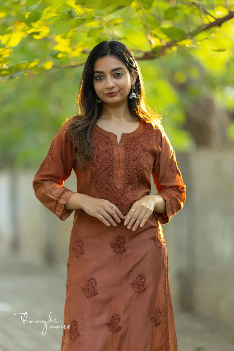 Brown Chikankari Chanderi Kurta Pent (Brown )