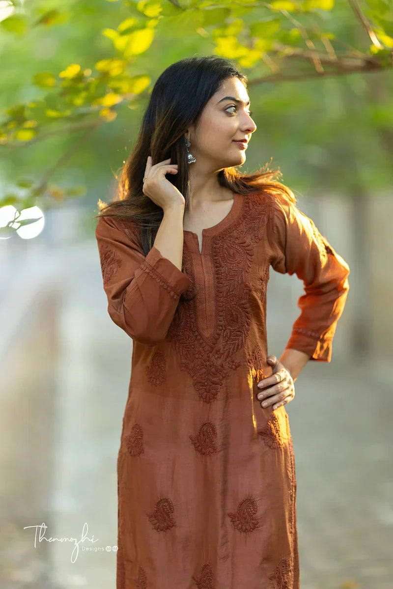 Brown Chikankari Chanderi Kurta Pent (Brown )