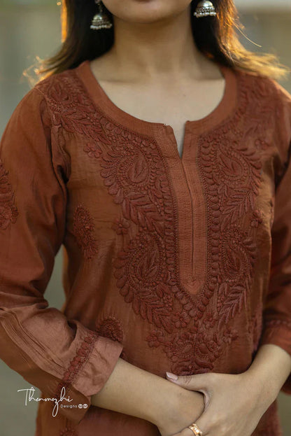 Brown Chikankari Chanderi Kurta Pent (Brown )