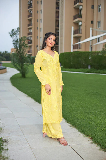 Lucknow Chikankari Handwork Embroidered Kurta Plazzo (Yellow)