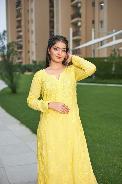 Lucknow Chikankari Handwork Embroidered Kurta Plazzo (Yellow)