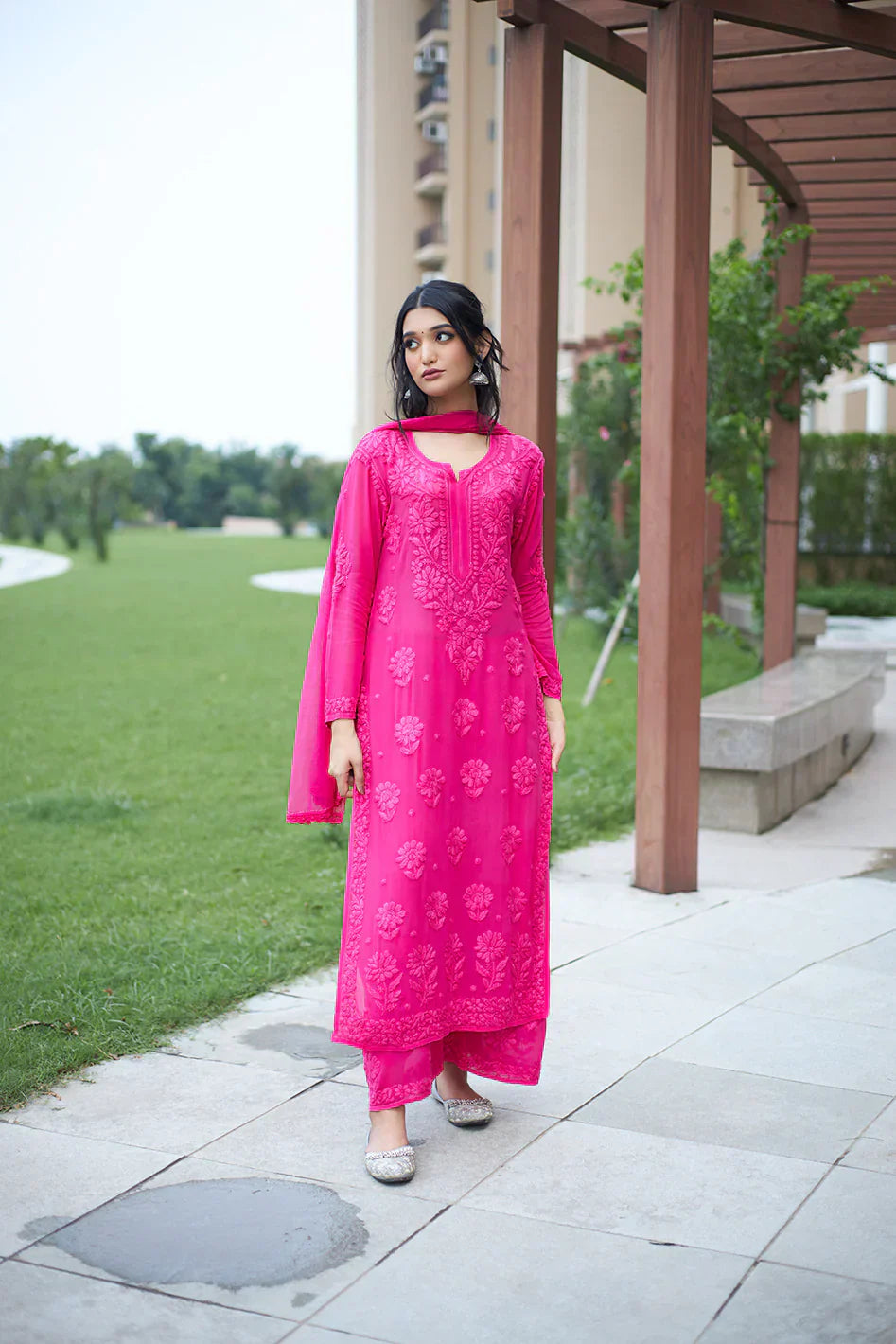 Viscose Georgette Straight Kurta Set With 3D Work (Hot PinK)