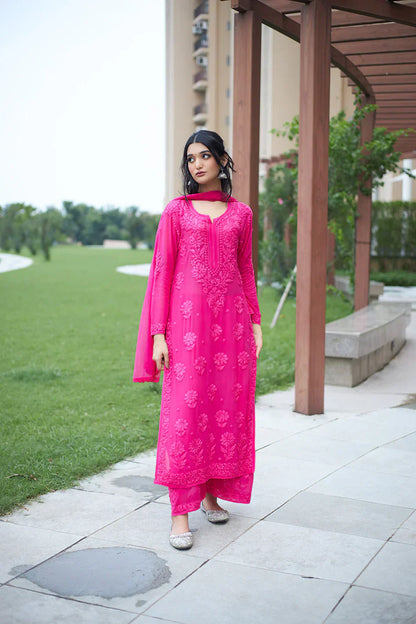 Viscose Georgette Straight Kurta Set With 3D Work (Hot PinK)