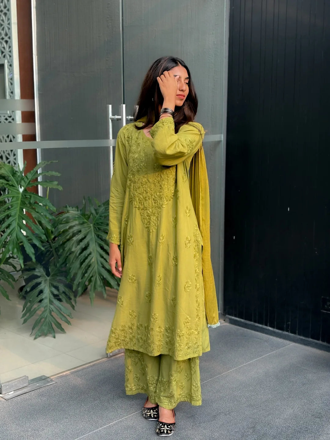 Olive Noor Chikankari Kurta Palazzo Set