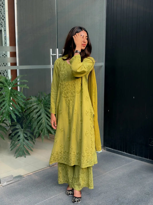 Olive Noor Chikankari Kurta Palazzo Set