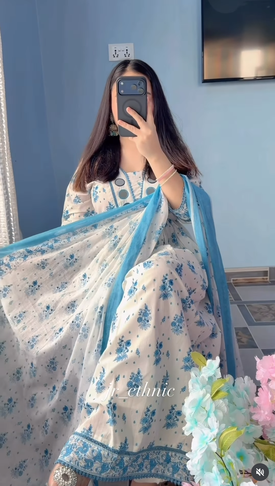 Sky Bloom Floral Anarkali Gown Set