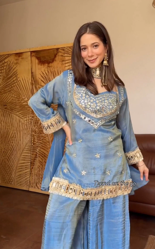 Sky Blue Hand-Embroidered Kurta Palazzo Set with Dupatta