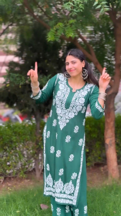 New LUCKNOW CHIKANKARI EXCLUSIVE KURTI_PENT PAIR DESIGN (Dark Green)