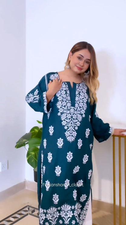 LUCKNOW CHIKANKARI EXCLUSIVE KURTI_PAIR PENT DESIGN (Zinc green)