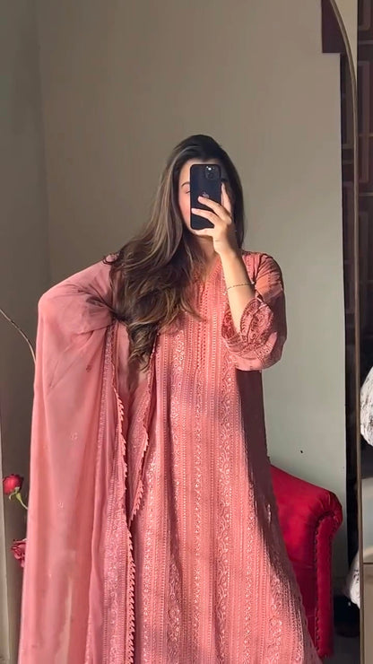 RUNNING WEAR TRENDING FAUX GEORGETTE TOP COTTON THREAD EMBROIDERED WORK AND WORK PLAZO WITH DUPATTA (Peach)