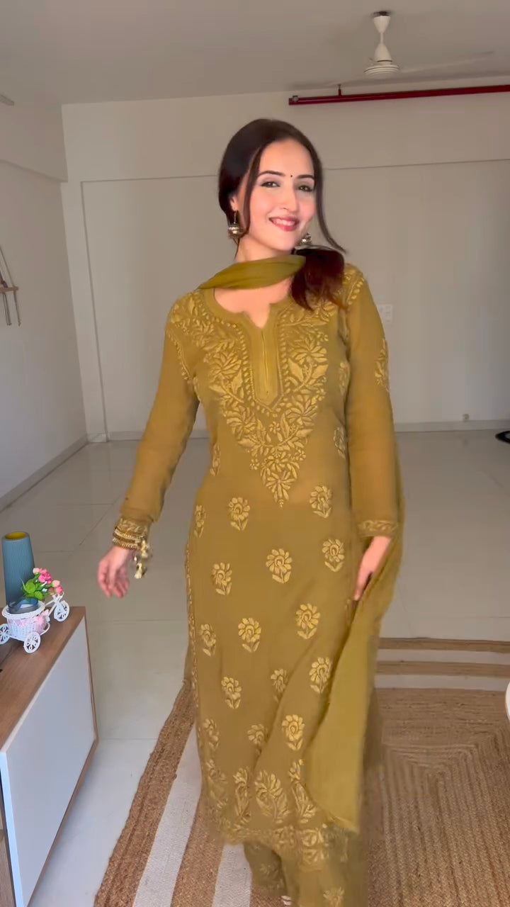 Varsha Rekhate In Viscose Georgette Straight Kurta Set With 3D Work  (mehndi green)